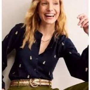 Boden Navy Blue Gold Pineapple Top Embroidered Long Sleeve Button Front Size 4